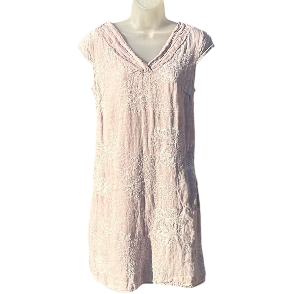 LINA TOMEI Women S Lavender Linen‎ Embroidered Cap Sleeve Pockets Sheath Dress.